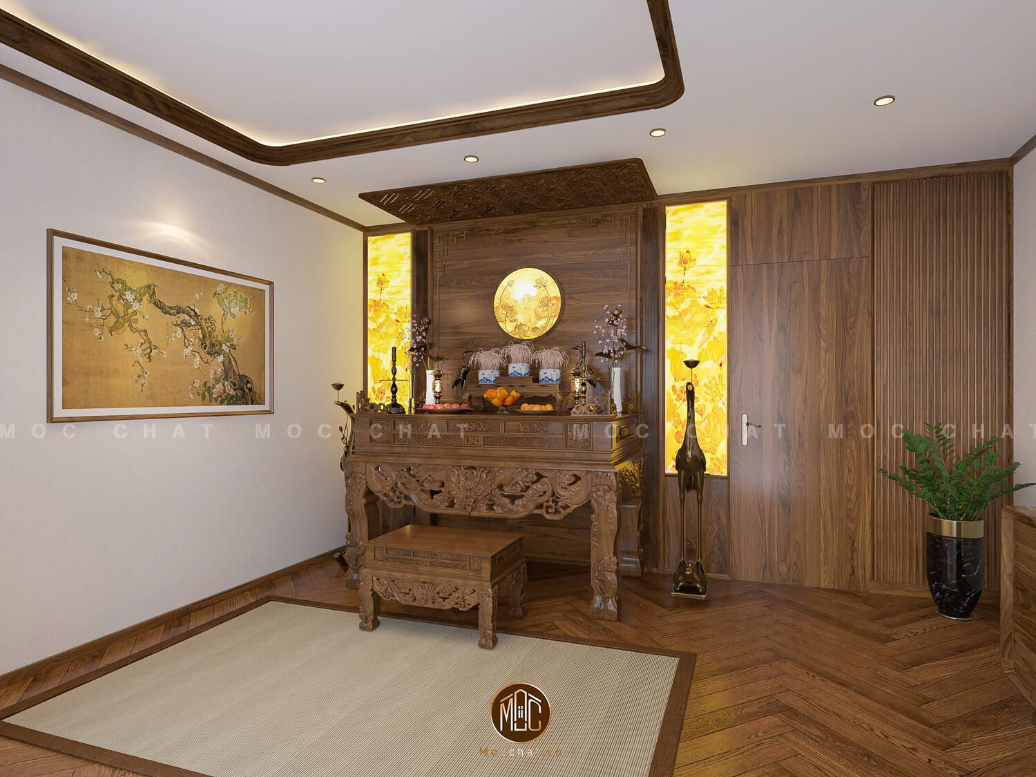 Phòng thờ thanh lịch với nội thất gỗ óc chó, bàn thờ chạm khắc tinh xảo và sàn gỗ xương cá