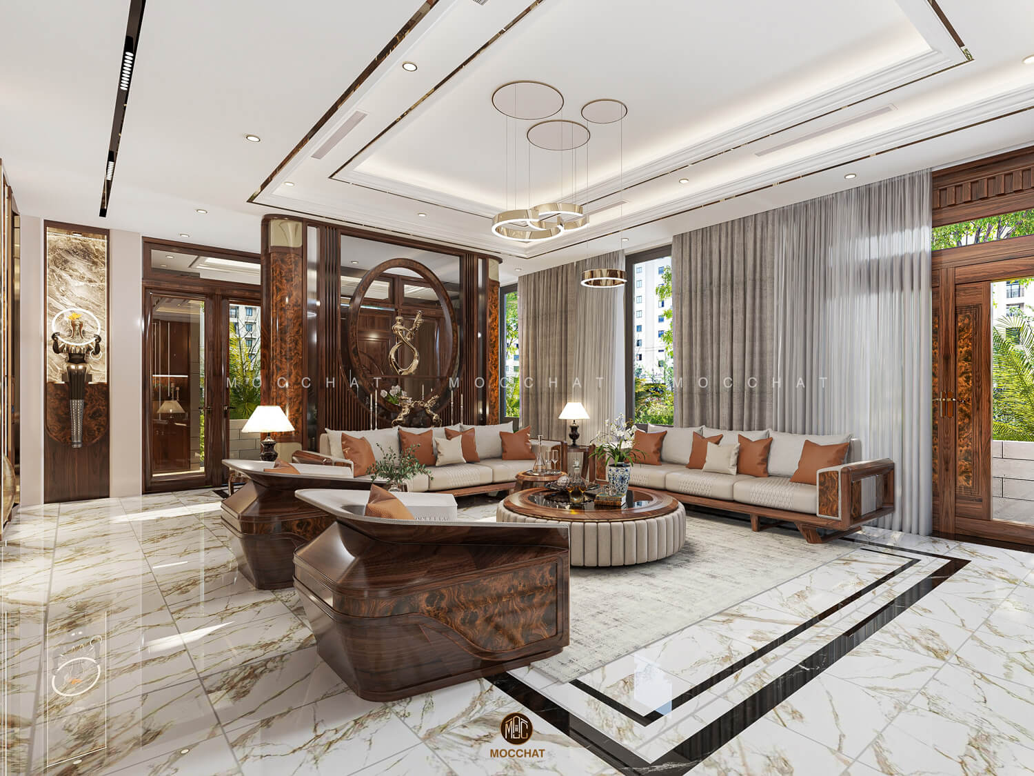 Phòng khách đẳng cấp với nội thất gỗ óc chó sang trọng, bộ sofa gỗ óc chó hiện đại, vách ngăn gỗ óc chó tinh tế