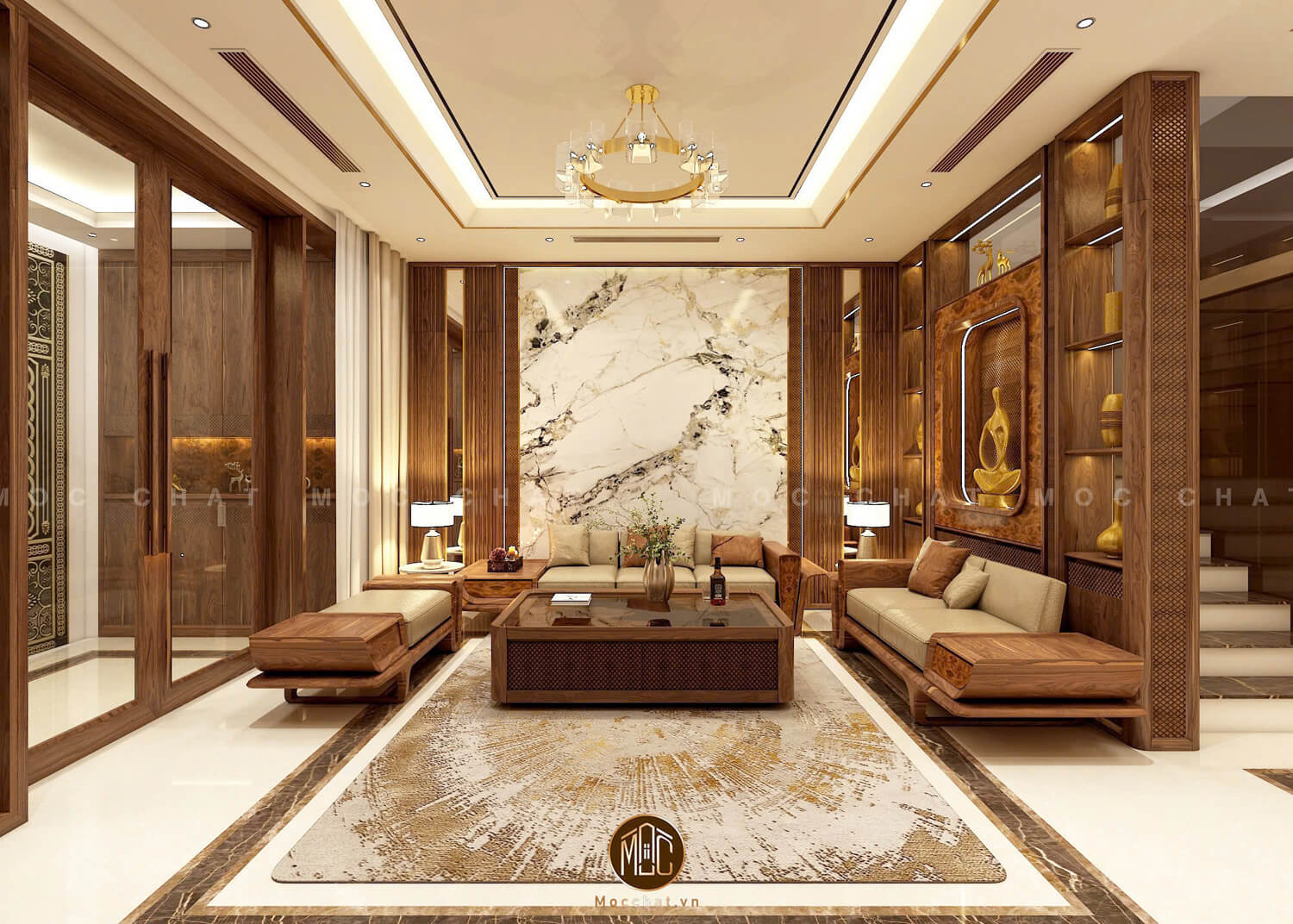 Nội thất phòng khách gỗ óc chó cao cấp với bàn ghế sofa gỗ óc chó hiện đại, kệ trang trí gỗ óc chó và tường ốp đá tự nhiên sang trọng