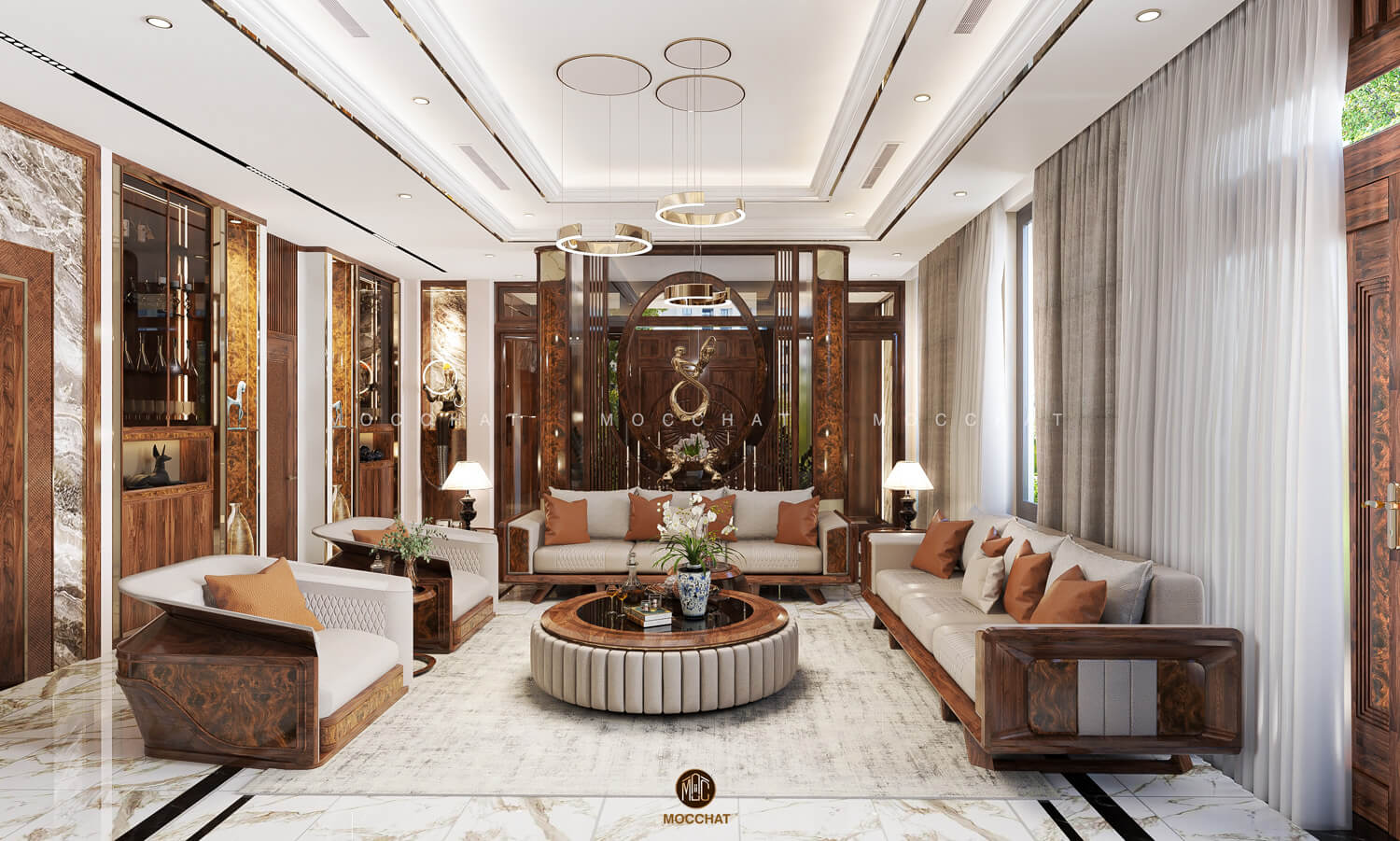 Sofa cao cấp dành cho không gia biệt thự chất liệu gỗ óc chó