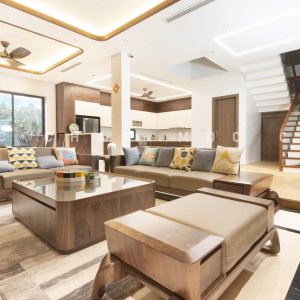 Sofa gỗ óc chó phòng khách anh Đạt biệt thự Đông Anh