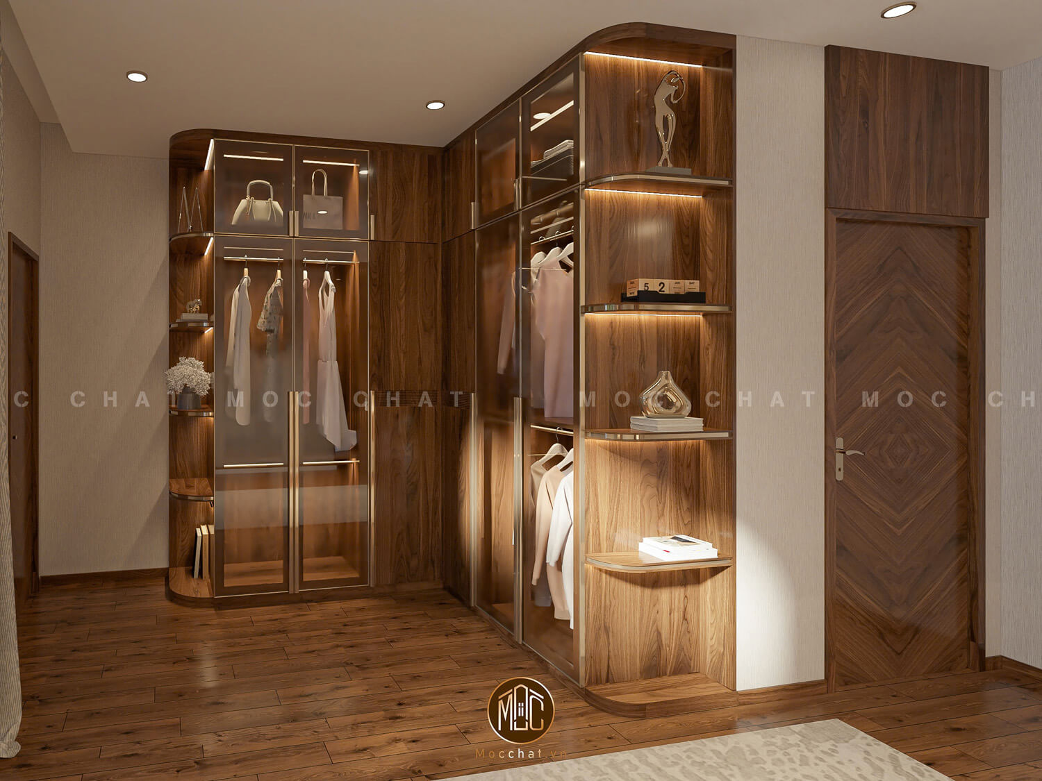 Tủ quần áo gỗ óc chó hiện đại, thiết kế tích hợp kệ trang trí và ánh sáng LED tinh tế, mang lại không gian lưu trữ tiện nghi và đẳng cấp.