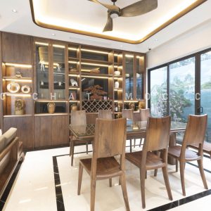 Tủ rượu gỗ óc chó và bàn ăn gỗ óc chó