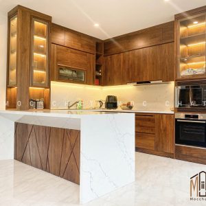 Bộ tủ bếp gỗ óc chó tại phòng bếp hiện đại cao cấp