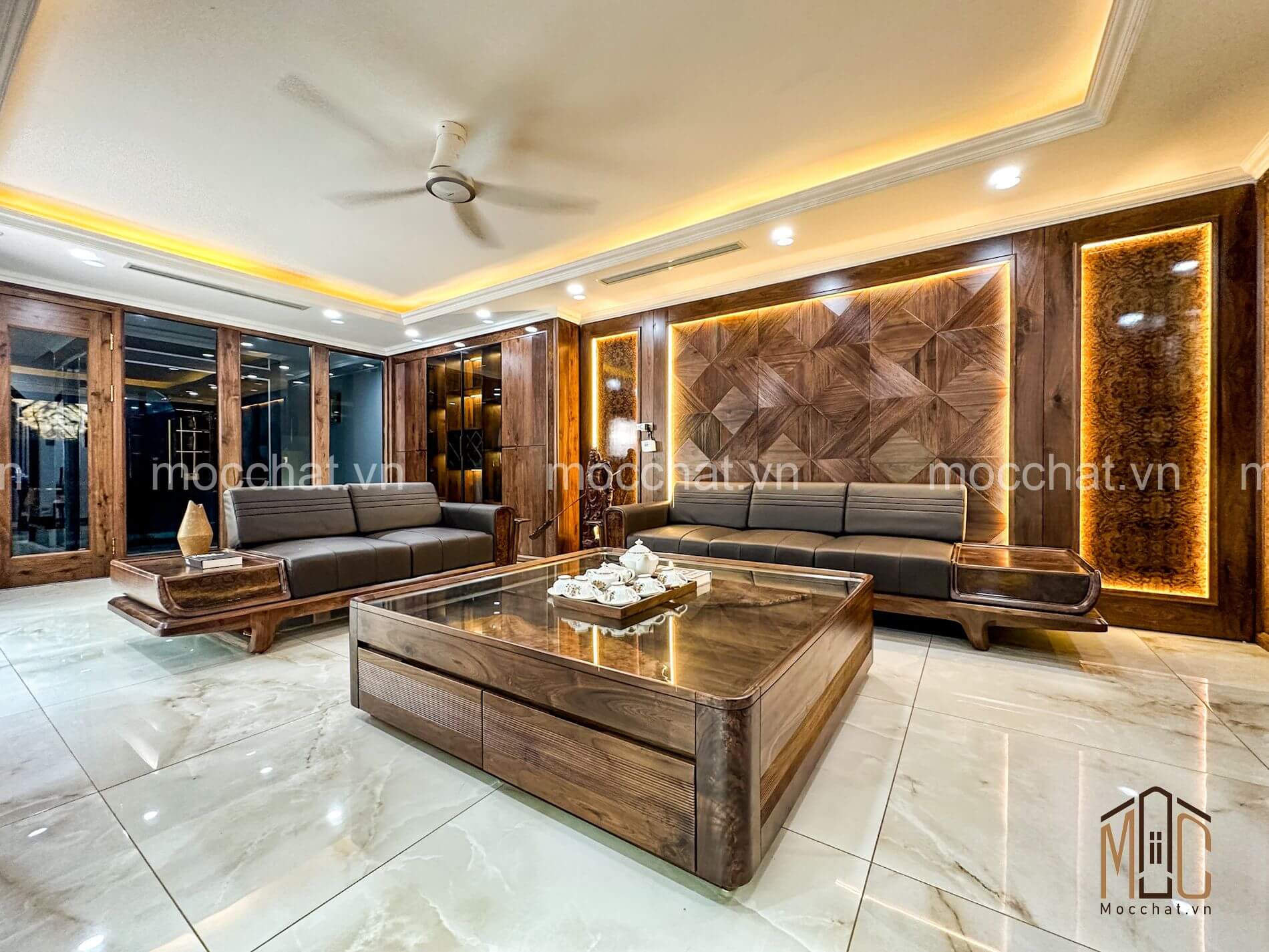 bàn ghế sofa gỗ óc chó phòng khách biệt thự Tuấn Dung Ninh Hiệp