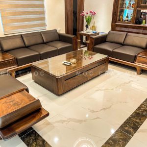 Bàn ghế sofa gỗ óc chó phòng khách nhà chị Huyền