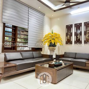 Bàn ghế sofa gỗ óc chó hai băng hiện đại cao cấp