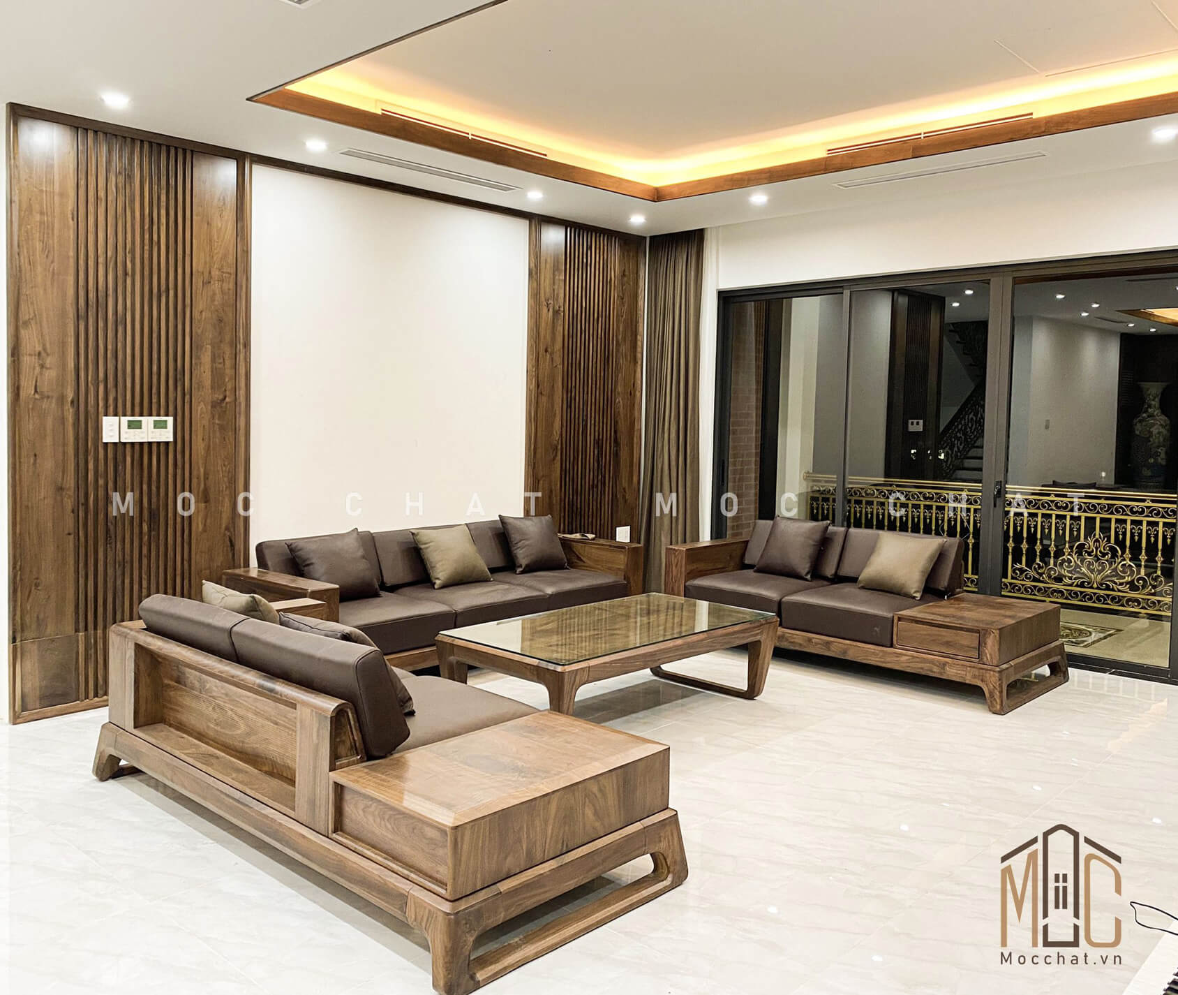 Bộ bàn ghế sofa gỗ óc chó đẹp cao cấp hiện đại phòng sinh hoạt chung