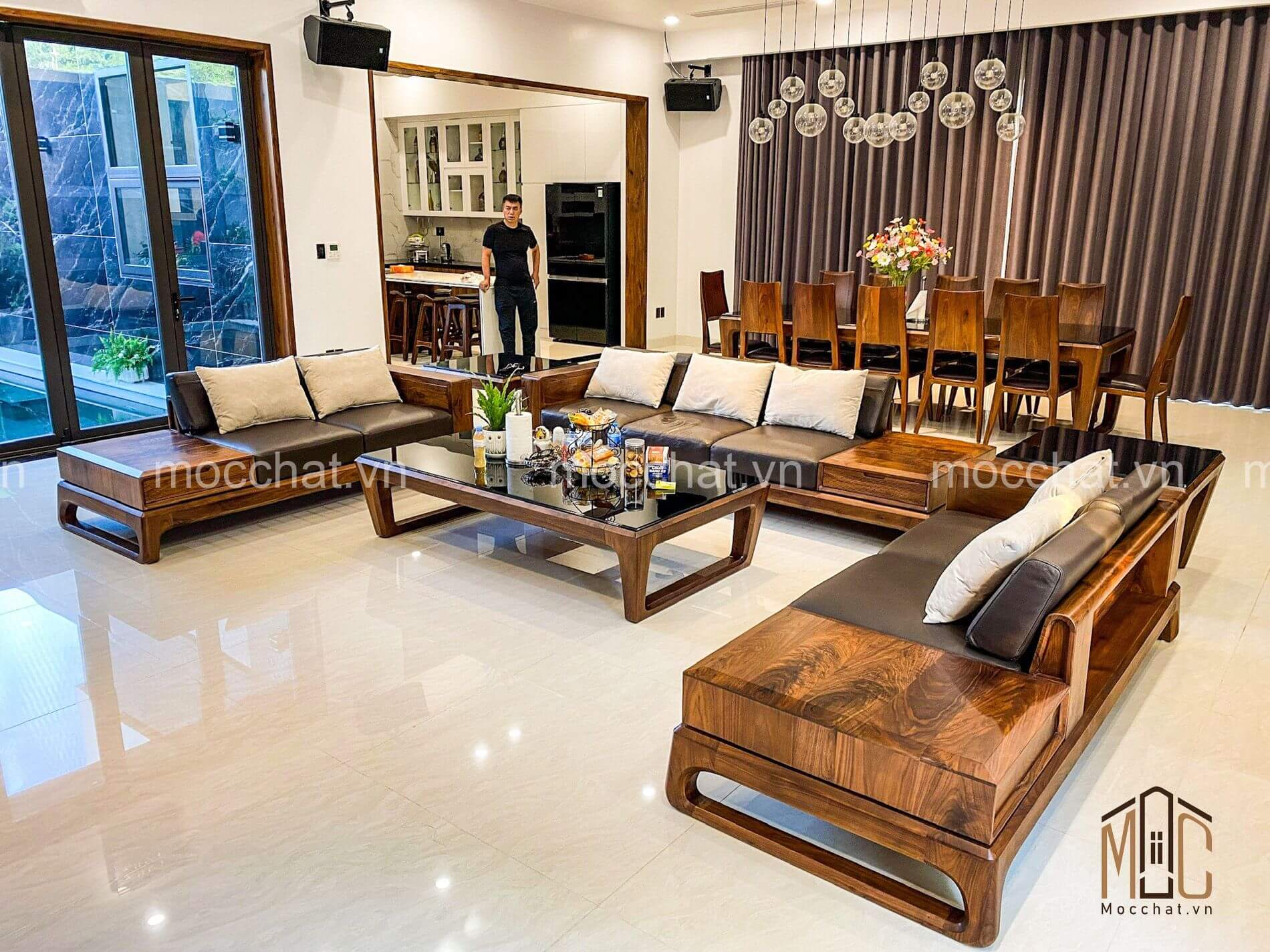 Bộ sofa bàn ghế gỗ óc chó cao cấp hiện đại