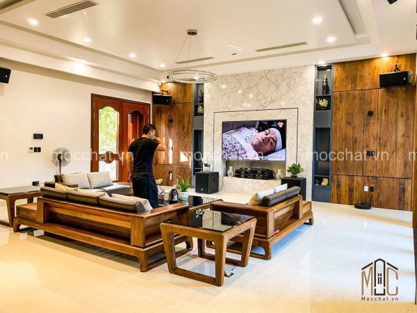 Không gian phòng khách gỗ óc chó