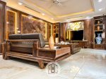 Mặt sau băng dài 2 chỗ ngồi sofa gỗ óc chó