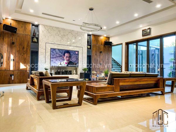 Mặt sau sofa gỗ óc chó cùng đôn sofa óc chó