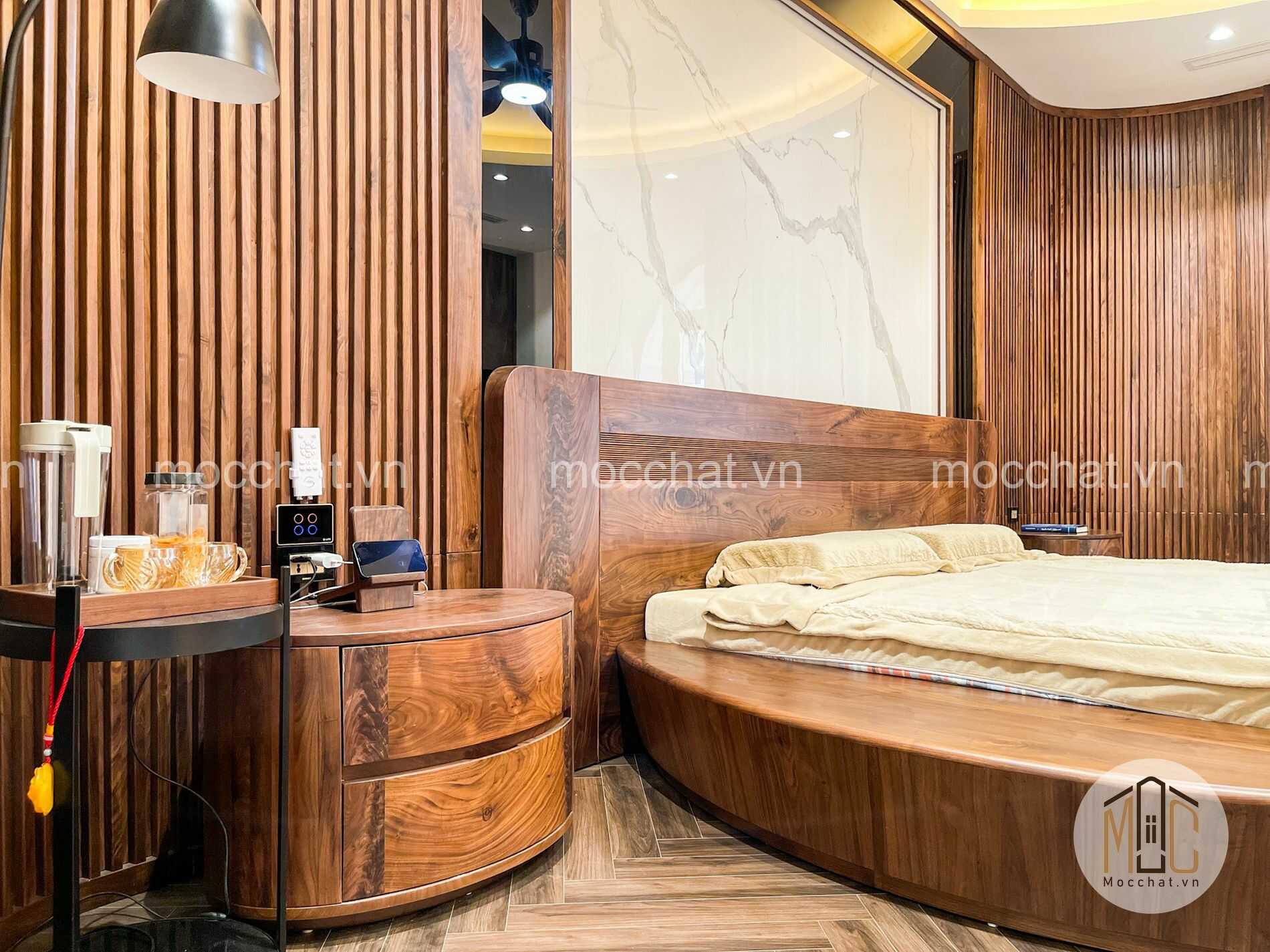 Táp đầu giường gỗ óc chó vách lam trang trí gỗ óc chó và giường ngủ gỗ óc chó