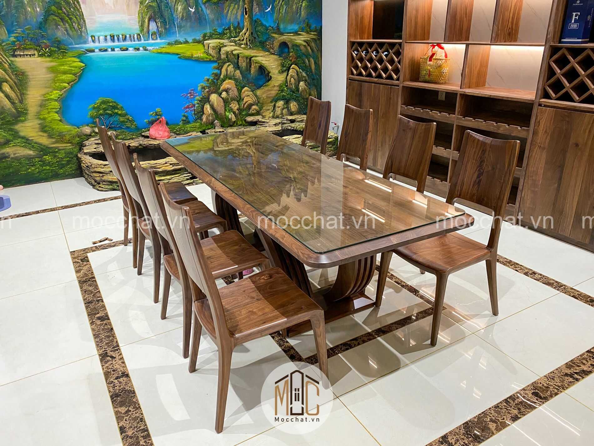 Bàn ăn gỗ óc chó 8 ghế đẹp cao cấp hiện đại với thiết kế hình chữ nhật