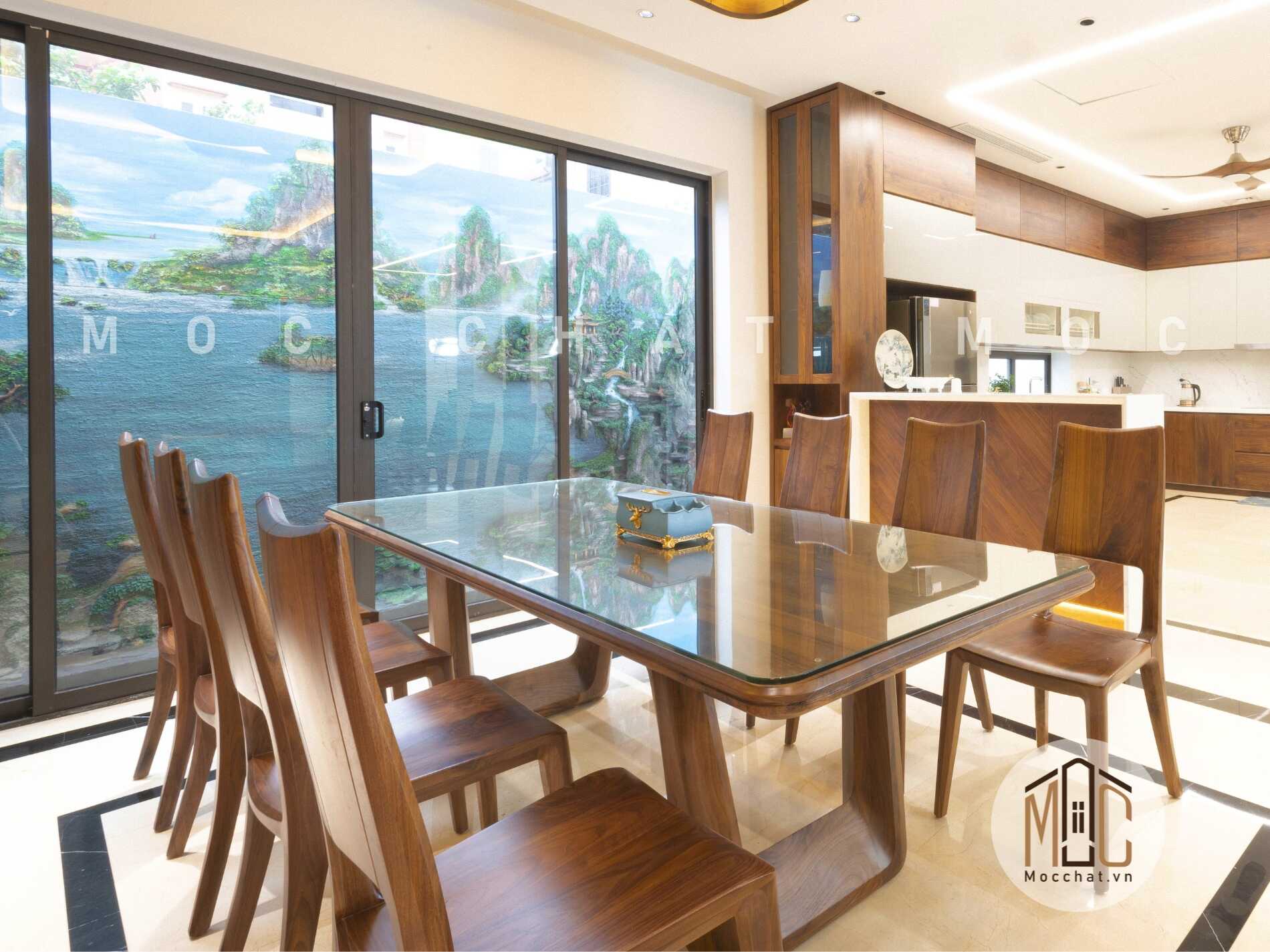 Bàn ăn gỗ óc chó 8 ghế hiện đại cao cấp