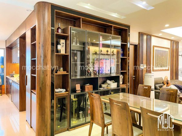 Bàn ăn gỗ óc chó và tủ rượu gỗ óc chó