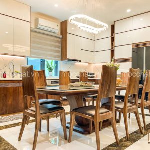 Bàn ăn gỗ óc chó và tủ bếp gỗ óc chó