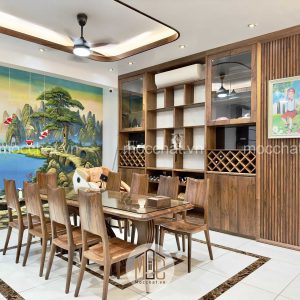 Bàn ghế ăn gỗ óc chó và tủ rượu gỗ óc chó