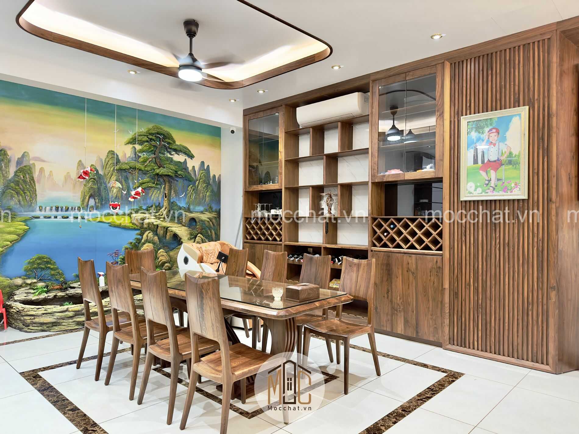 Bàn ghế ăn gỗ óc chó và tủ rượu gỗ óc chó