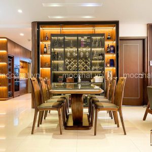 Bàn ăn gỗ óc chó và tủ rượu gỗ óc chó