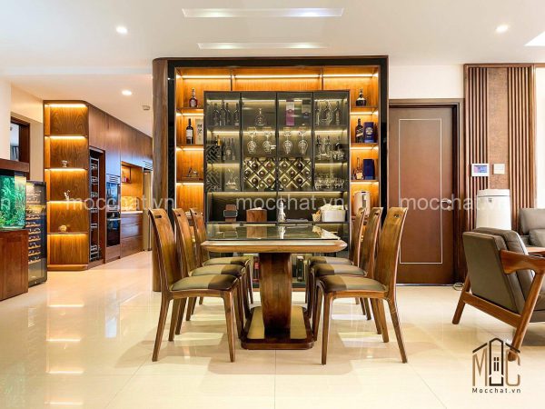 Bàn ăn gỗ óc chó và tủ rượu gỗ óc chó