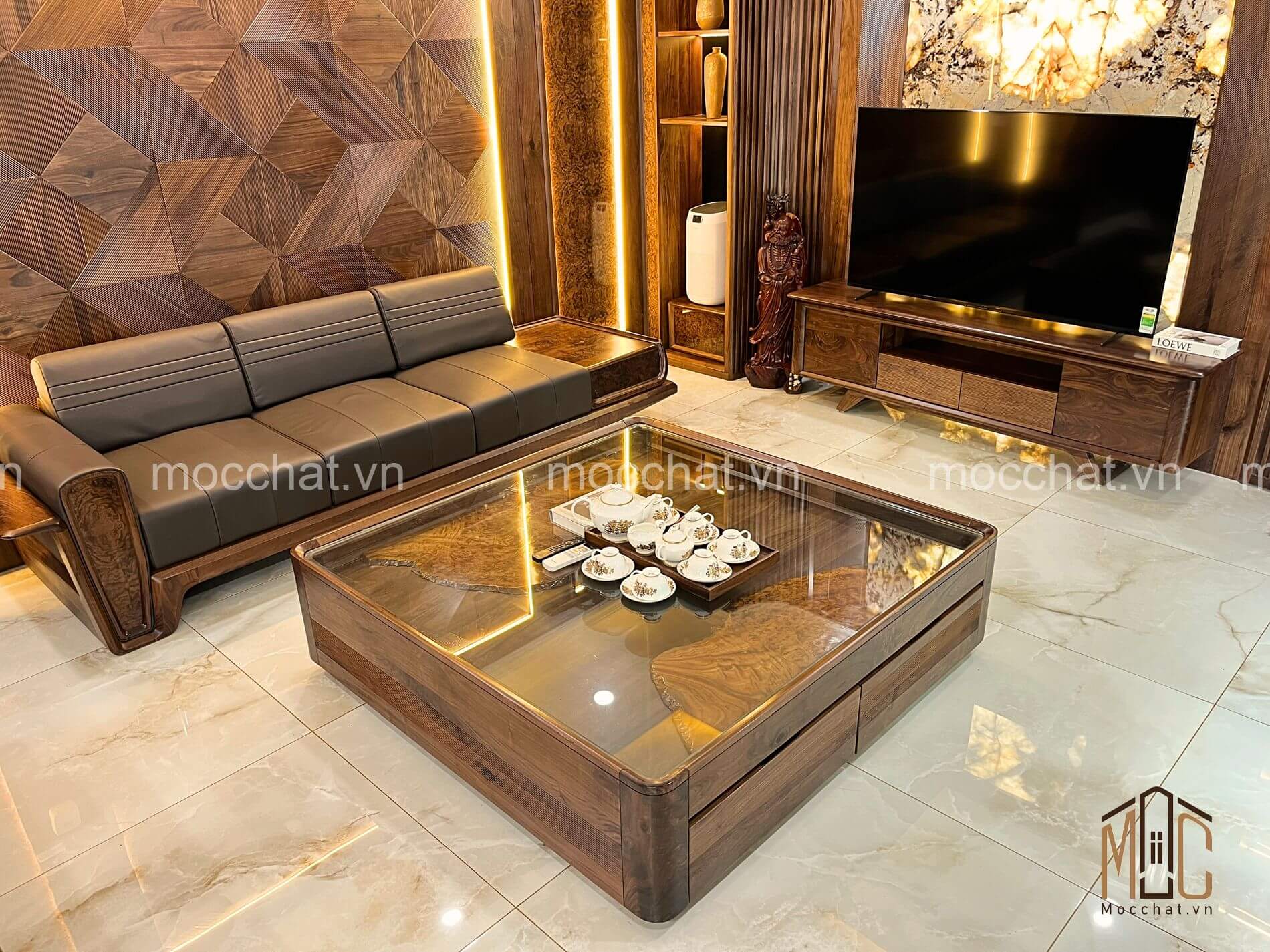 Bàn trà gỗ óc chó đẹp hiện đại cao cấp kết hợp nu óc chó