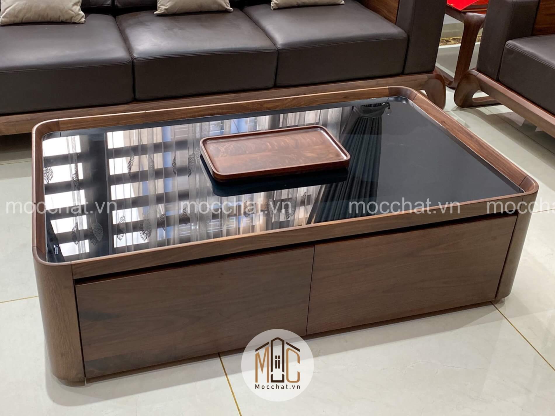 Bàn trà gỗ óc chó đẹp hiện đại mặt kính cường lực