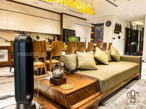 Băng dài 3 chỗ ngồi sofa gỗ óc chó hiện đại