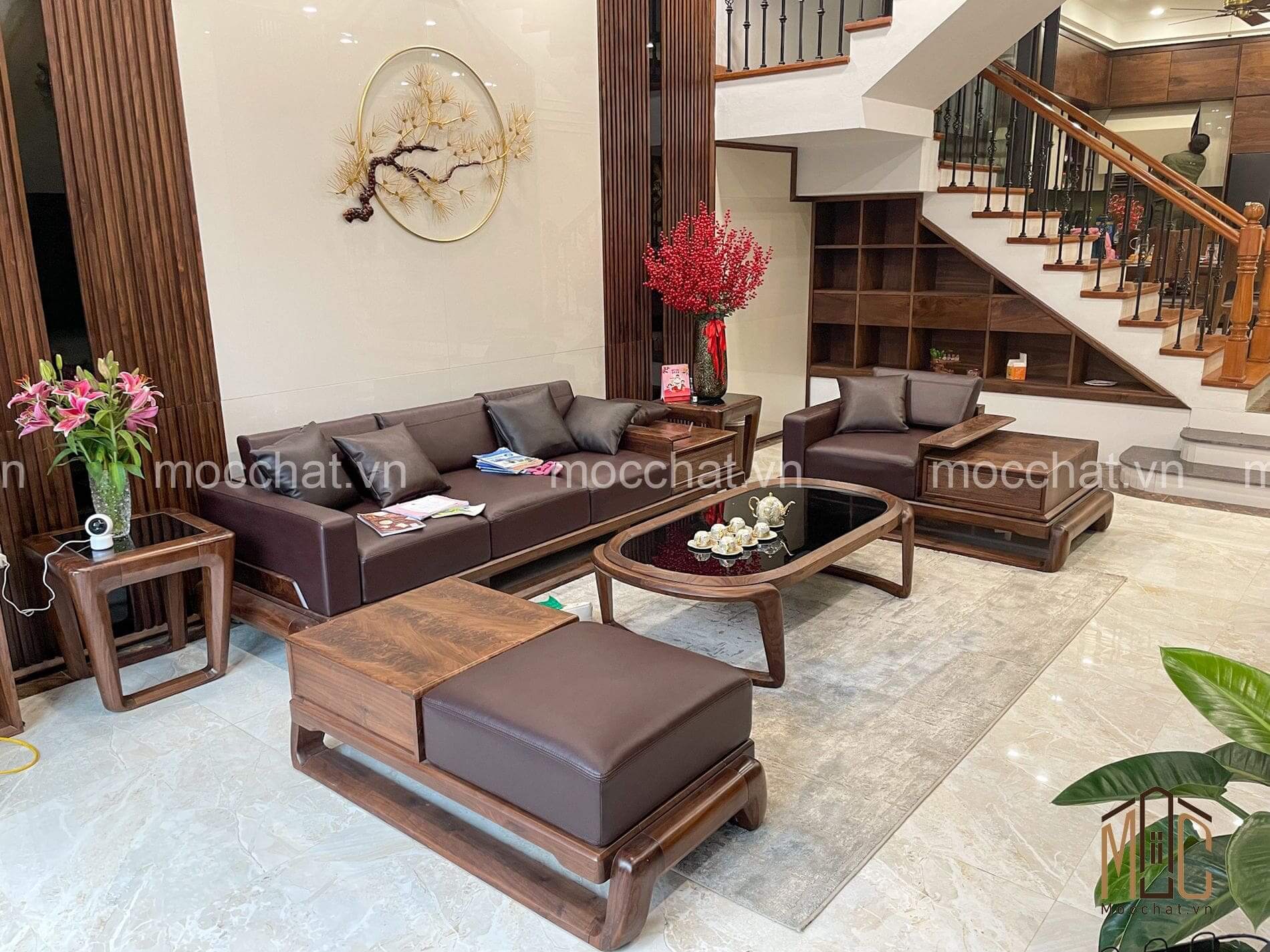 Bộ sofa bàn ghế phòng khách gỗ óc chó đẹp hiện đại cao cấp