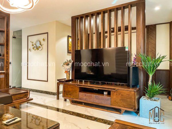 Kệ tivi gỗ óc chó và hệ vách ngăn phòng đẹp hiện đại