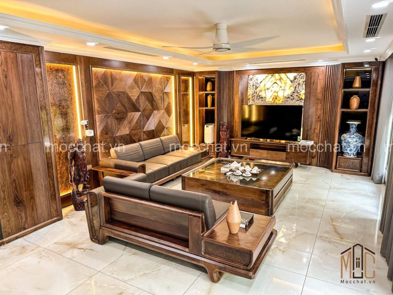 Không gian nội thất phòng khách gỗ óc chó đẹp