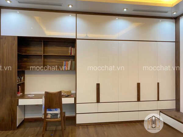 Tủ quần áo gỗ óc chó đẹp hiện đại kết hợp bàn học tập và làm việc