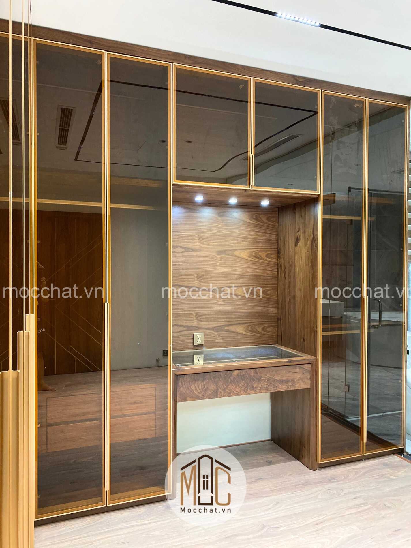 Mẫu tủ quần áo gỗ óc chó đẹp hiện đại kết hợp bàn trang điểm gỗ óc chó