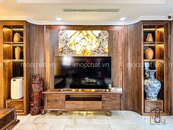 Hệ vách lam ốp tường gỗ óc chó kệ trang trí gỗ óc chó và kệ tivi gỗ óc chó