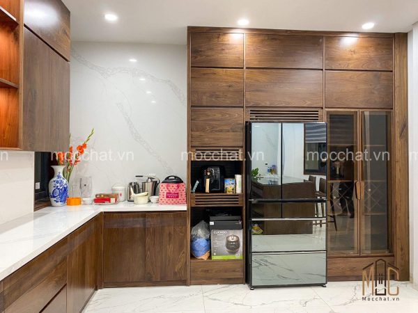 Tủ bếp gỗ óc chó kết hợp tủ rượu gỗ óc chó