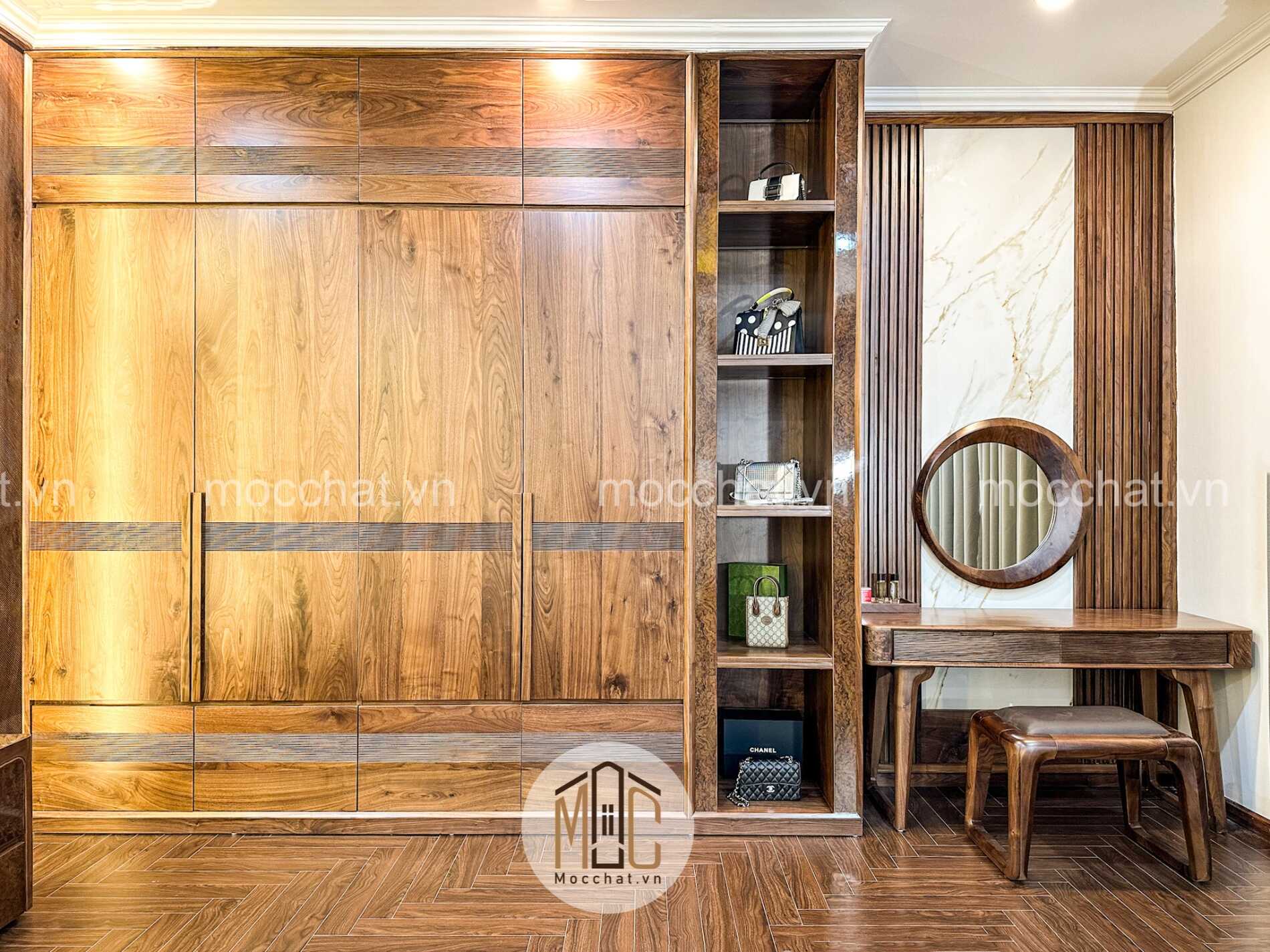 Tủ quần áo gỗ óc chó đẹp hiện đại cao cấp và bàn trang điểm gỗ óc chó