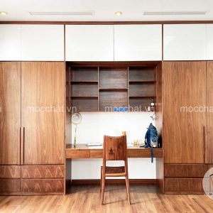 Tủ quần áo gỗ óc chó đẹp hiện đại kết hợp bàn học tập và làm việc