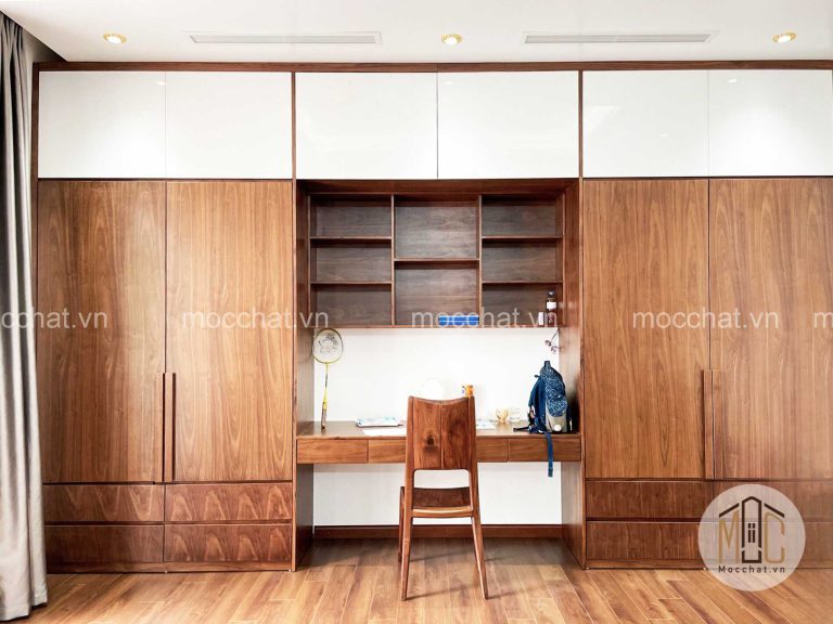 Tủ quần áo gỗ óc chó đẹp hiện đại kết hợp bàn học tập và làm việc