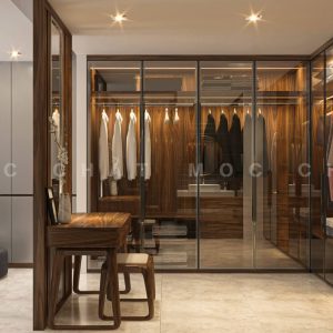 Tủ quần áo gỗ óc chó cao cấp hiện đại và bàn trang điểm gỗ óc chó