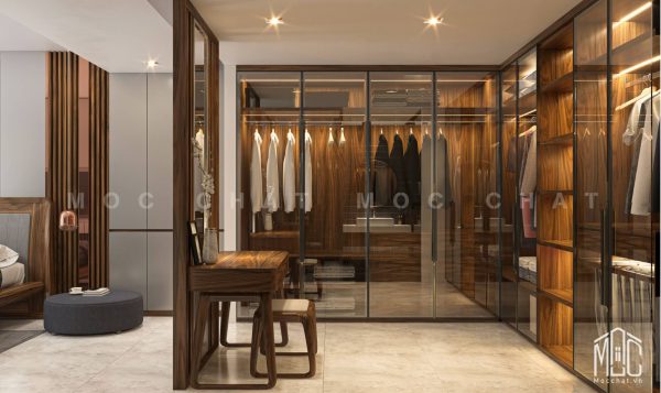 Tủ quần áo gỗ óc chó cao cấp hiện đại và bàn trang điểm gỗ óc chó