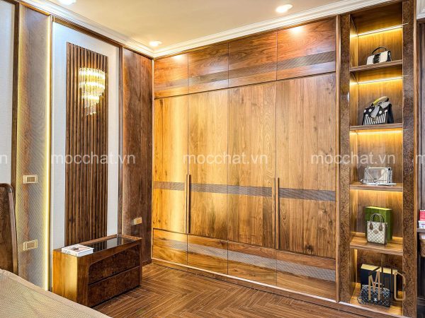 Tủ quần áo gỗ óc chó hiện đại và táp đầu giường gỗ óc chó
