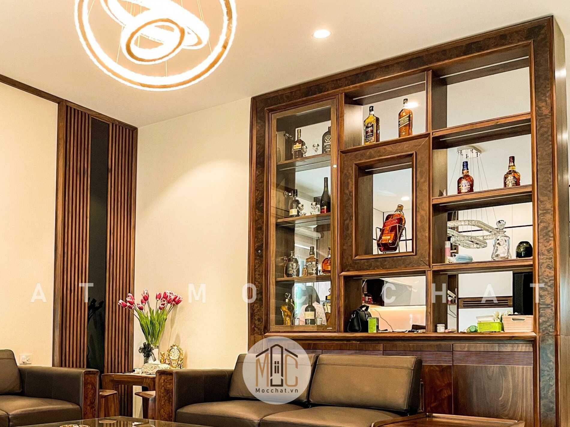 Mẫu tủ bày rượu gỗ óc chó kết hợp vách ngách ngăn phòng