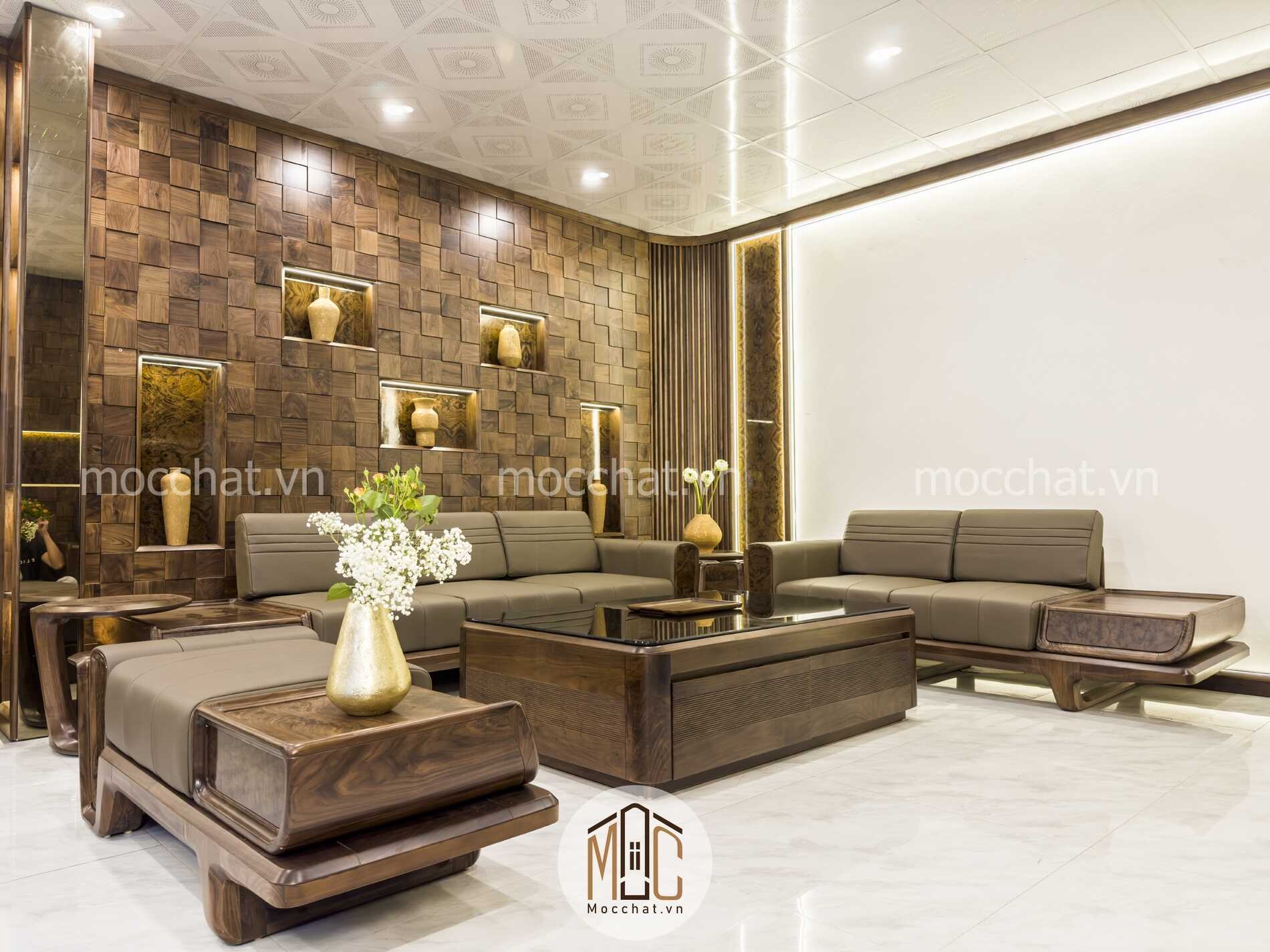Bàn ghế sofa gỗ óc chó đẹp cao cấp hiện đại mã SOC14