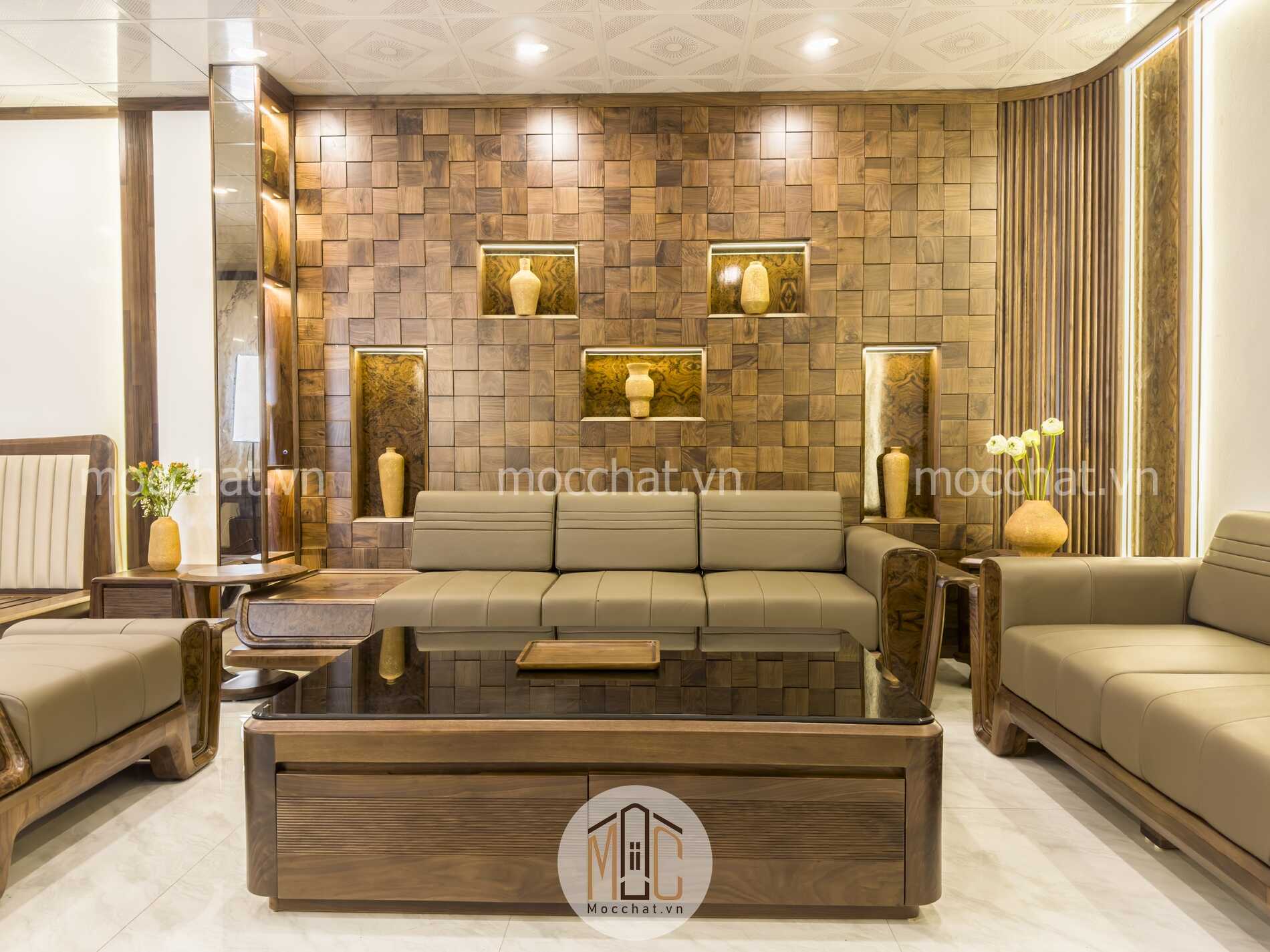 Bàn trà sofa gỗ óc chó đẹp hiện đại cùng hệ vách tủ trang trí gỗ óc chó cao cấp