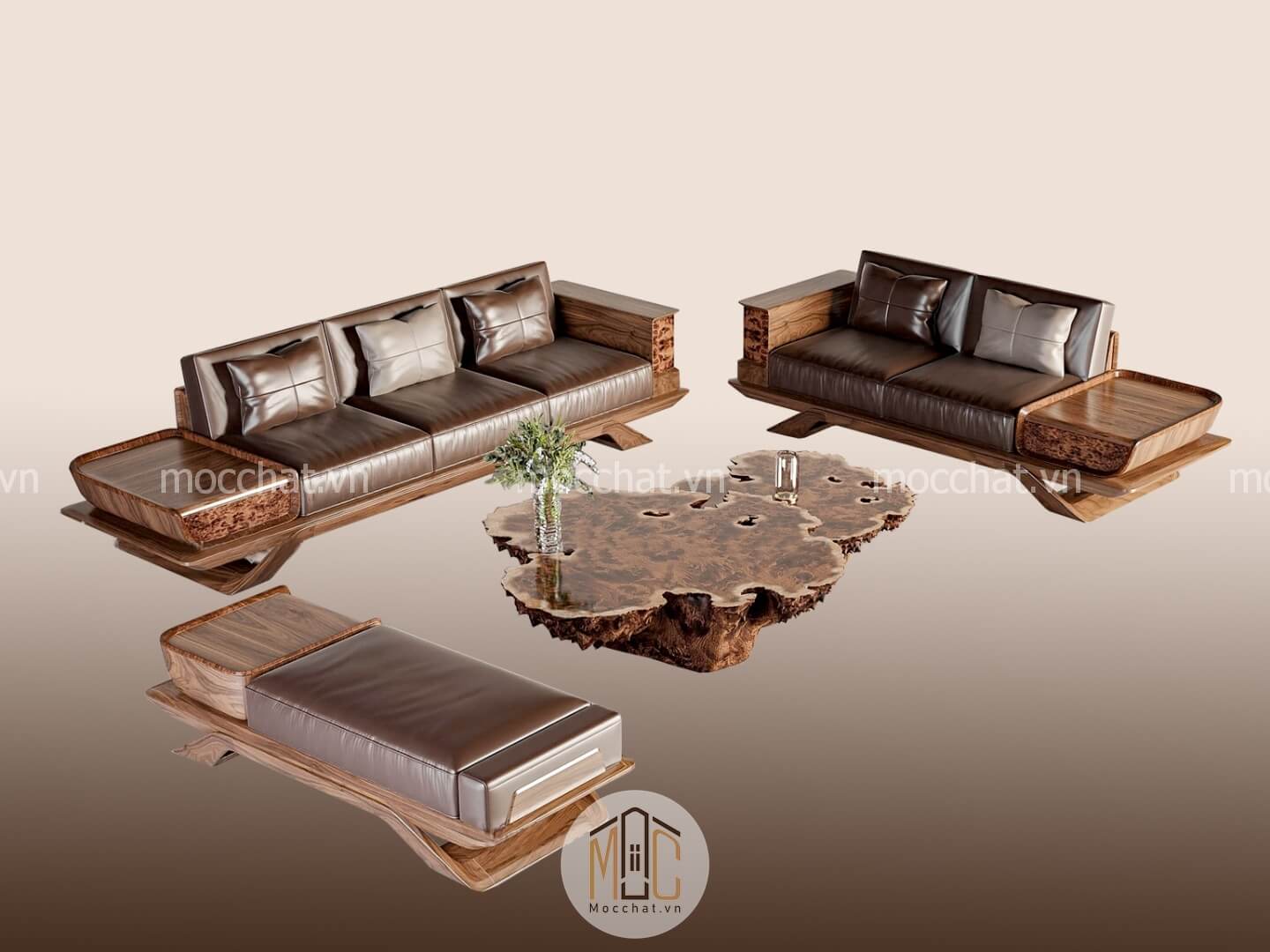 Bàn ghế sofa gỗ óc chó hiện đại cao cấp mã SOC-15