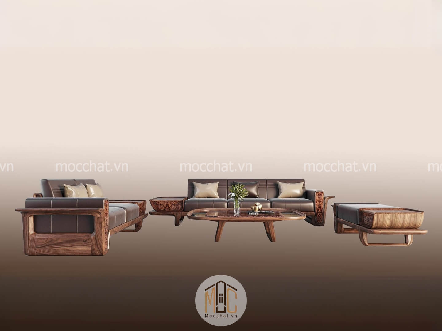 Bàn ghế sofa gỗ óc chó hiện đại cao cấp mã SOC-24