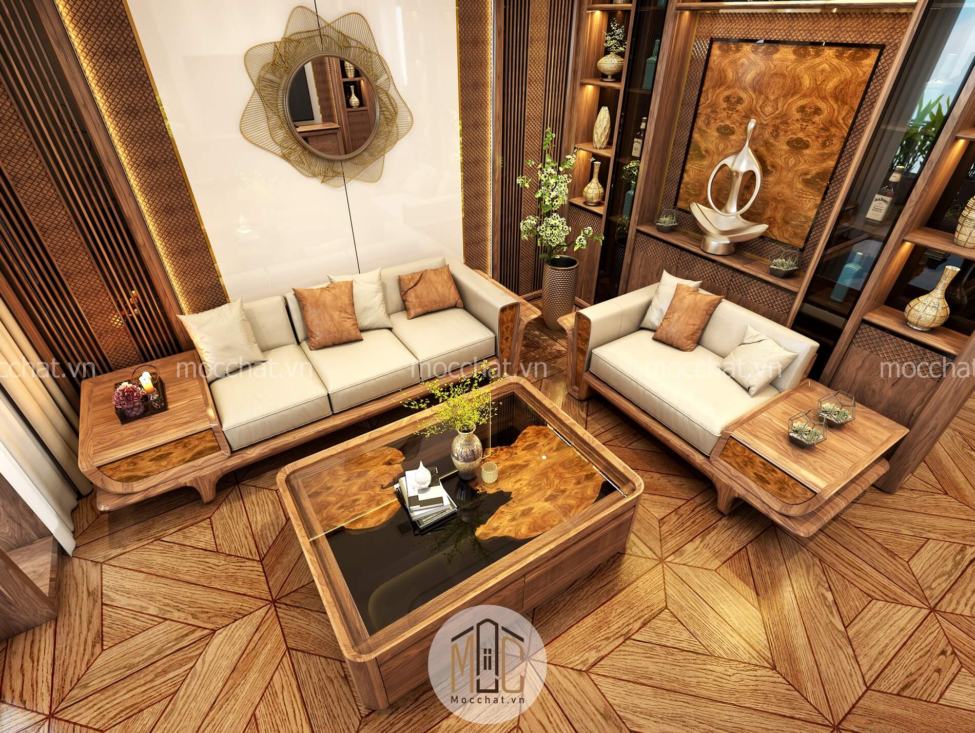 Bộ sofa gỗ óc chó với thiết kế dành cho khu vực tiếp khách nhỏ hẹp