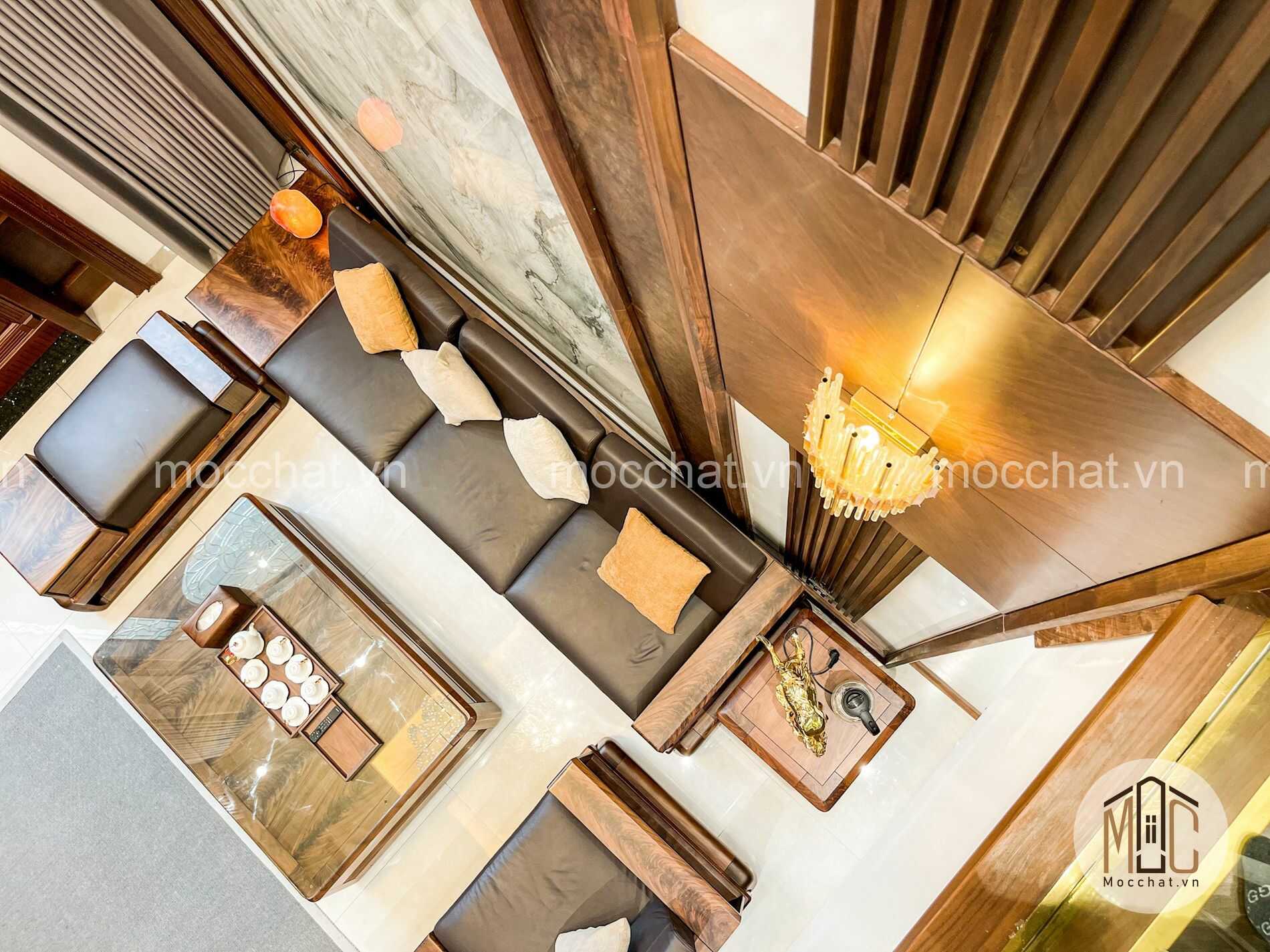 Không gian phòng khách gỗ óc chó