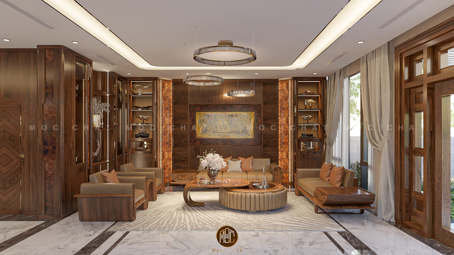 Nội thất phòng khách với sofa và bàn trà gỗ óc chó, bức tường ốp gỗ óc chó với thiết kế hiện đại, đèn trần và kệ trang trí gỗ óc chó.