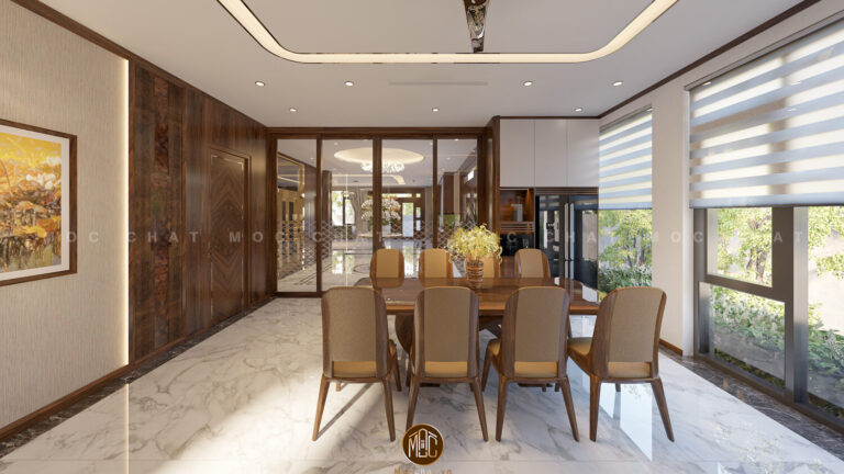 Phòng ăn sang trọng với bộ bàn ghế ăn gỗ óc chó cao cấp